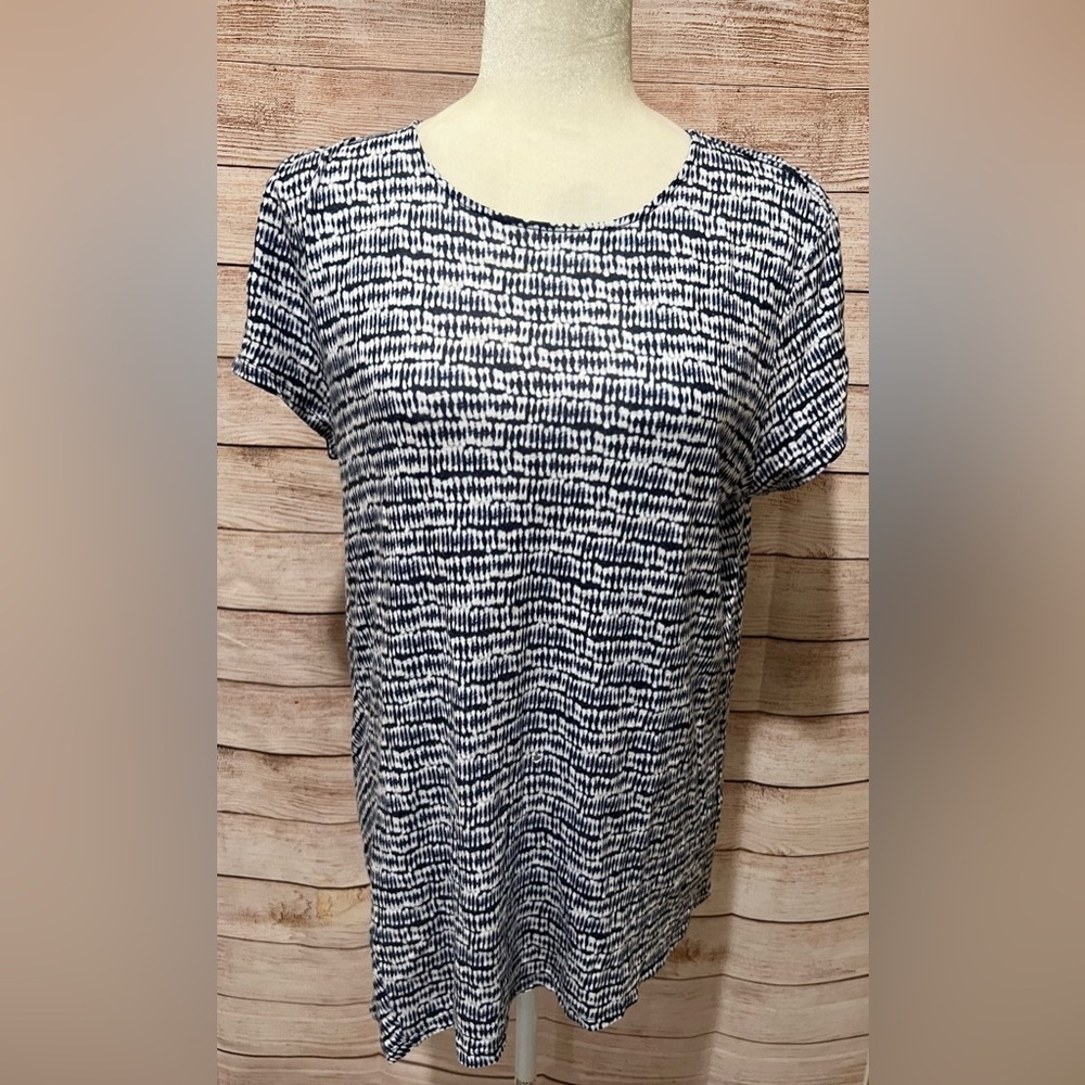 Pure Jill PJ Seamed Asymmetrical Tee Crewneck Linen Blend Blue medium